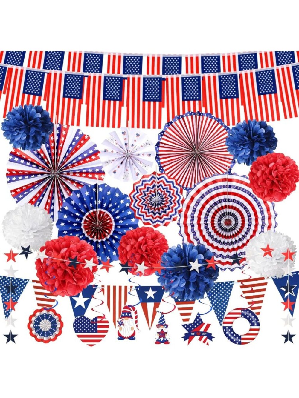 34Pcs 4th of July Party Decorations - USA Flag Banners, Paper Fans & Swirls